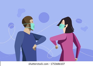 Vector Of Two People Bump Elbows To Avoid Coronavirus. Keeping Social Distance, Greeting Each Other By Bumping Elbows Instead Of Hugs Or Handshaking, Preventing Covid 19 Coronavirus Infection Spread.