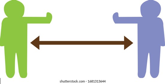 Un vector de dos personas de color verde y púrpura claro alejado el uno del otro, que muestra el concepto de distanciamiento social