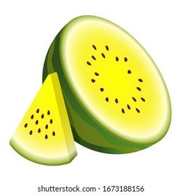 Vector two pieces yellow watermelon. Composition half watermelon and triangular slice watermelon. Cute Vector illustration gradient fill isolated on white background, cartoon logo and icon. Concept of