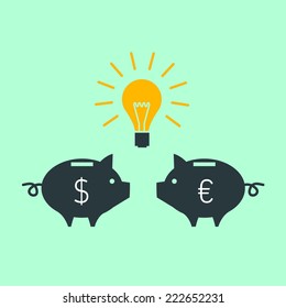 vector two piggy moneybox communication and have a new idea with bulb icon | modern flat design pictogram isolated on green background