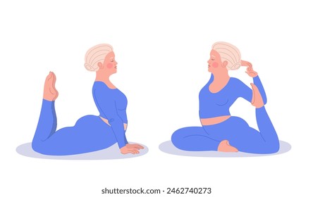 Vector de dos mujeres de talla grande realizando asanas de yoga complejas, celebrando la diversidad y la positividad corporal en el fitness y el bienestar