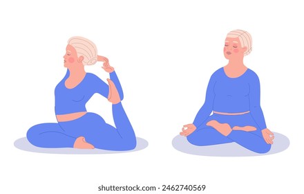 Vector de dos mujeres de talla grande realizando asanas de yoga complejas, celebrando la diversidad y la positividad corporal en el fitness y el bienestar