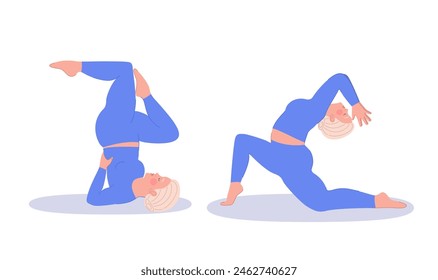 Vector de dos mujeres de talla grande realizando asanas de yoga complejas, celebrando la diversidad y la positividad corporal en el fitness y el bienestar