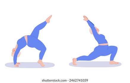 Vector de dos mujeres talla grande practicando pose de yoga Guerrero I, Virabhadrasana I, con pelo blanco, que encarna fuerza y positividad corporal