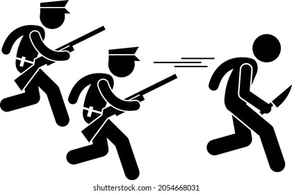 Vector of two police officers running after a criminal. Pictogram of police officers following a criminal. Policemen with guns following a murderer.
A criminal running away from cops. 