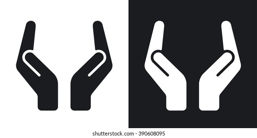 Vector two protecting hands icon. Two-tone version on black and white background