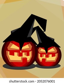 vector of two pumpkins with witch hats laughing