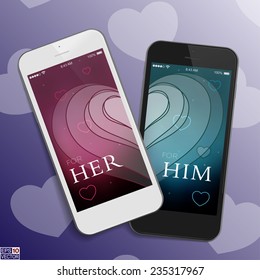Vector of two realistic 3d black and white Smart phones. Valentine day love theme with hearts. Advertisement banner for phone bundle sale, mobile network operator tariff /plan offer or other usage