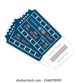 Vector two realistic blue designed cinema tickets close up top view isolated on white background. Vector illustration.