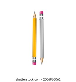 Vector of two realistic yellow and silverer wooden pencils with rubber eraser.