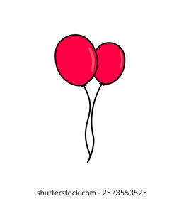 vector two red celebration balloons with tied strings, flat vector design for party or event celebration