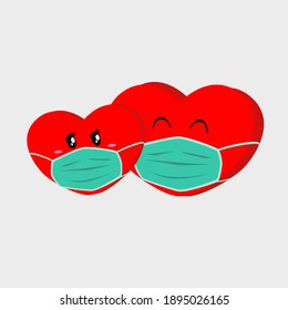 Vector of two red hearts using medical face mask to avoid the corona virus. This illustration is used as a symbol of love or Valentine in the midst of the Covid-19 pandemic.