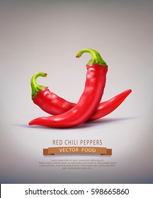 Vector two red hot chilli peppers isolated on a brown background