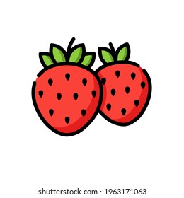 vector of two red strawberries, and a green leaf. on a white background.