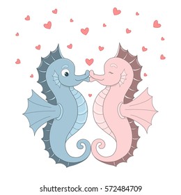 Vector two seahorses with red hearts. 14 February Valentines Day funny card with couple of kissing seahorses in love. Cartoon Valentines personage on a white background. Wedding invitation design.