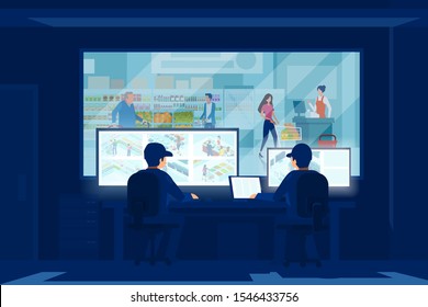 Vector Of Two Security Men Looking At Monitors Of A Surveillance Cameras Behind The Glass Window Of A Supermarket Center