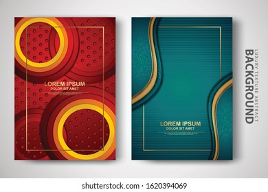 Vector two set of cover design template with luxury and elegant wave, circle and overlap layers background with glitters effect. Realistic textured on background