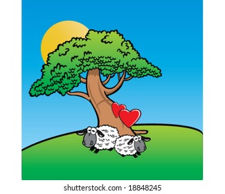 vector two sheep in love, resting under tree