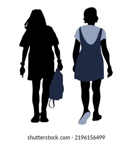 Vector two silhouettes of young women, girls go towards each other, 1 girl carries a bag in her hand