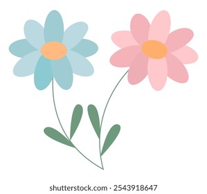 Vector of two simple cartoon flowers with colorful petals.