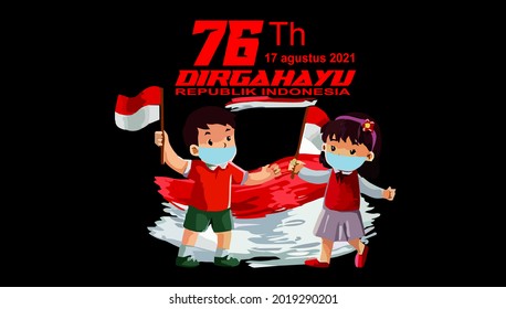 vector two small children wearing masks celebrating Indonesia's 76th independence day