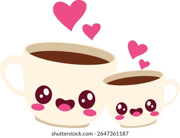 Vector of two smiling mugs with heart steam rising, symbolizing love, warmth, affection, perfect for Valentine’s or romantic beverage scenes.
