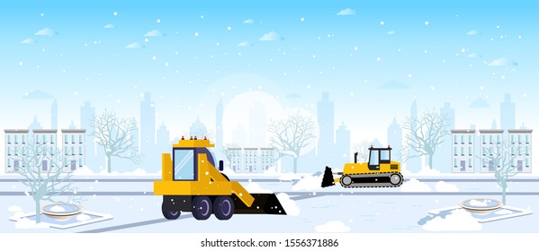 Vector of two snow plow tractors cleaning city winter streets after a snowstorm