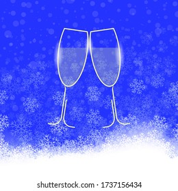 Vector Two Sparkling Glasses on Blue Falling Snowflake Background. Champagne Celebration. Happy New Year. Alcoholic Fizzy Drink. Congratulations. Cheers.
