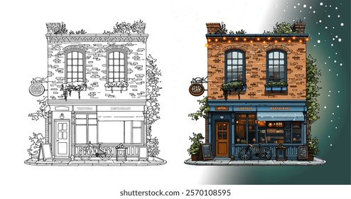 Vector, two story house, bar, restaurant, coloring book, outlines, linear, game, New Year display