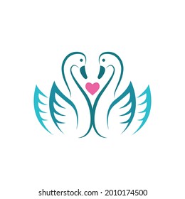 Vector of two swan and pink heart on white background. Birds. Animals. Easy editable layered vector illustration. Wild Animals.