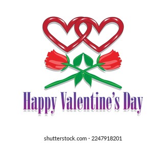 vector two symbols of a heart or love icon attached to each other and there are also two red rose stems that cross each other at the bottom and have the words Happy Valentine's Day at the bottom