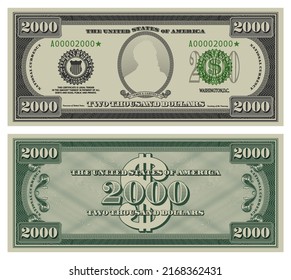 Vector two thousand dollars banknote. Gray obverse and green reverse fictional US paper money in style of vintage american cash. Frame with guilloche mesh and bank seals. James A. Garfield svg