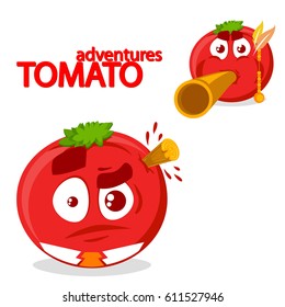 Vector two tomatoes characters. Tomato Indian shoots at a tomato clerk. Isolated on white background. Tomato adventures. 