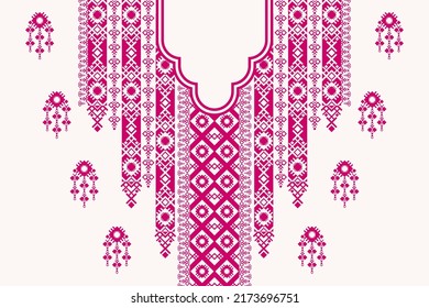 Vector two tone color ethnic geometric shape neck embroidery pattern design. Feminine tribal art fashion for shirts.