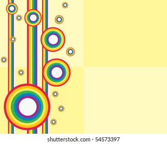 vector two tone yellow background divided into four squares with vertical stripes and circles in rainbow colors