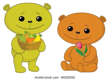 Vector, two toy teddy bears friends with fruits and flower