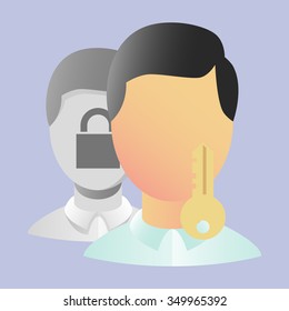 Vector two users icon. Avatar sign. Grey hair. Faceless. Black hair. Lock and key. Closed user. Blocked people. Lock. Block. User with a key.