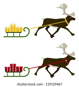 vector two versions of reindeer pulling sledge with gifts isolated on white background