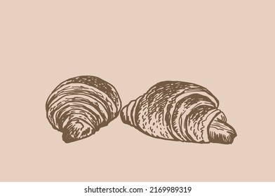 Vector two vintage croissants , sweet rolls , graphical element on sepia background	
