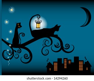 Vector - Two Whimsical Black Cats against Night Cityscape