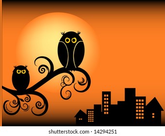 Vector - Two whimsical cartoon owls against night cityscape