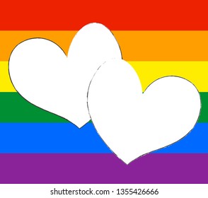 Vector - Two white hearts on LGBTQ pride flag background. Colorful rainbow image. Copy space for any text design.