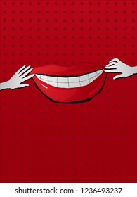 Vector two white silhouettes hands stretch  mouth, make a smile on red background with dots, the concept of coercion and manipulation