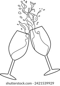 vector of two wine glasses bumping against each other. outline style. drink. success logo. enjoy