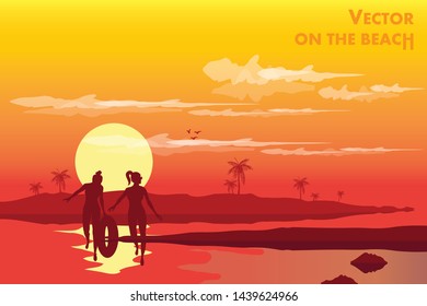vector two woman walking on the beach sunset background