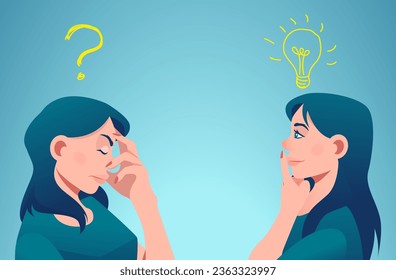Vector of two women thinking one has a question another solution with light bulb above head isolated on grey background.
