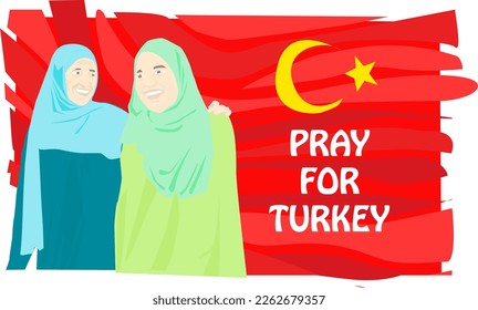 vector of two women wearing hijabs strengthening each other and praying for safety earthquake disaster