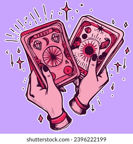 Vector of two women's hands holding tarot cards. Fortune teller practicing occult and wiccan ritual spells to predict the future