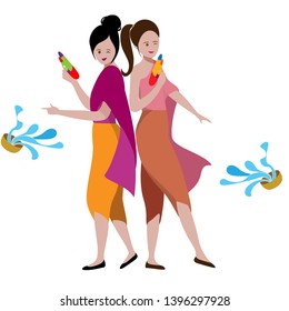 vector of two young asian girl playing songkran in songkran festival 
