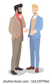 Vector with two young businessmen who are talking. Ideal for advertising and presentation.